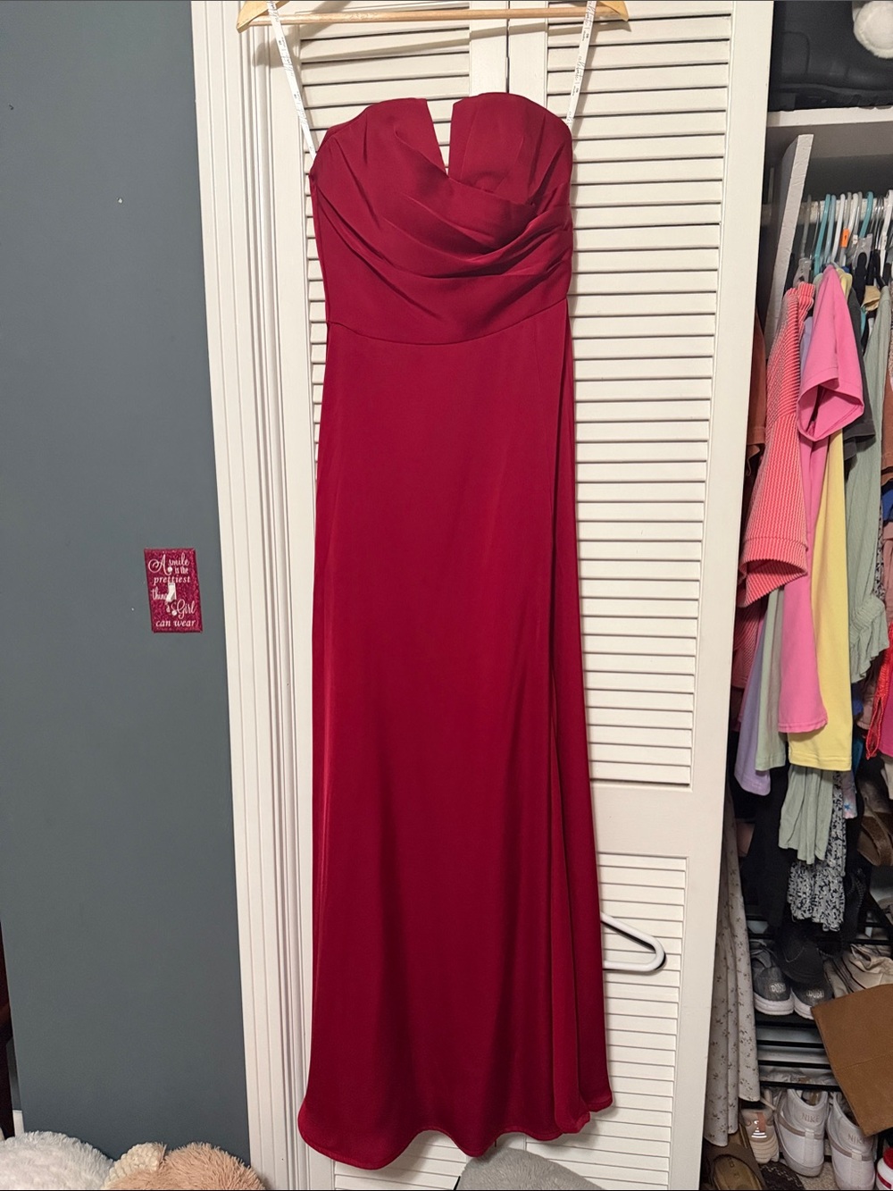 Strapless Red Ruched Bodice Evening Gown